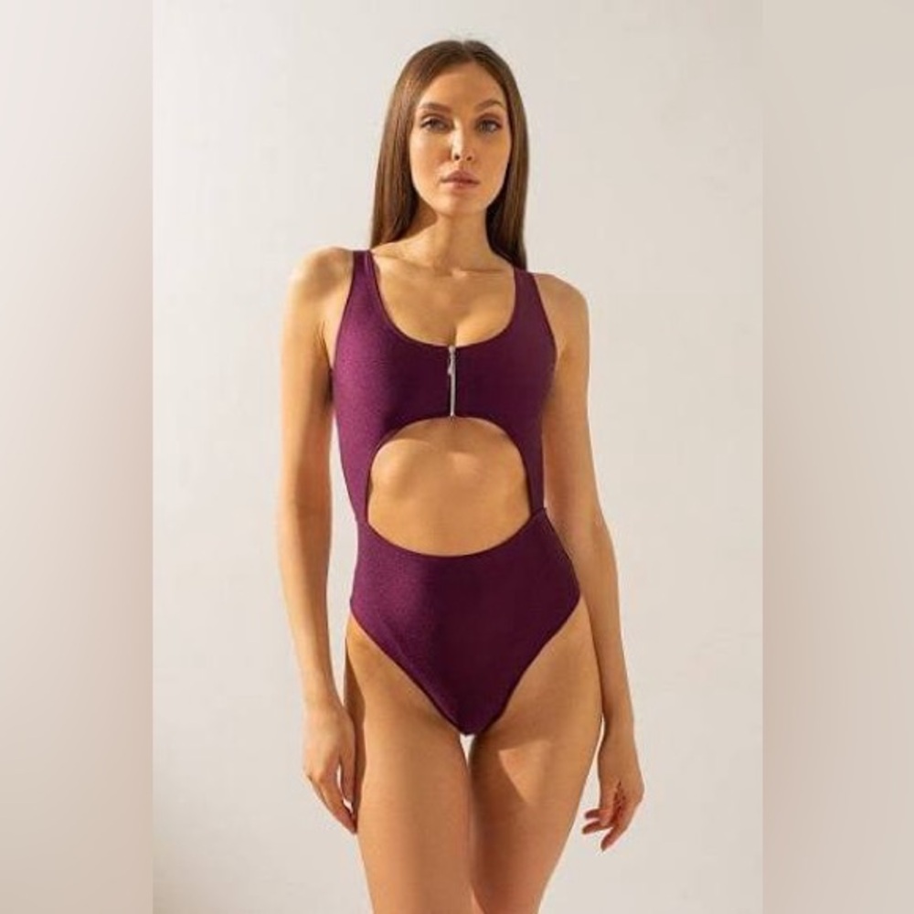 $75 Shark Polewear Dance Festival Swim Lolita Plum Cutout Zipper Bodysuit M S